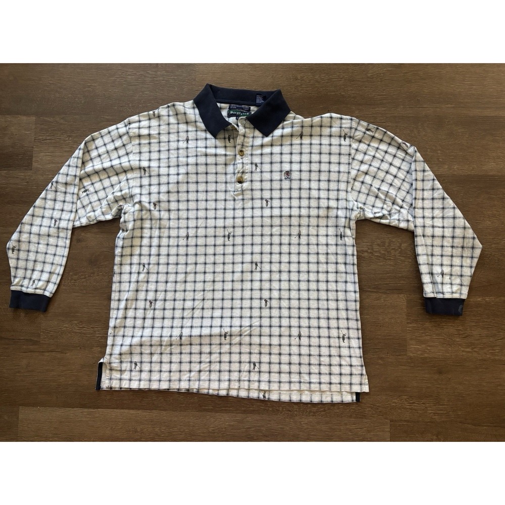 Siegfried Men's Long Sleeve Rugby Polo Shirt XLT Tall Plaid Golfer Pattern White